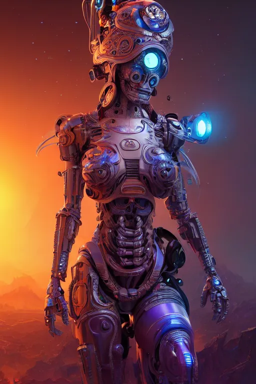Prompt: ultra detailed, female android, scifi, fantasy, octane render, ( dia de los muertos, triadic color scheme, asymmetrical, intricate detailed, global illumination, concept art, art by godmachine and michael welan and rossdraws and artgerm and greg rutkowski and alphonse mucha and loish and wlop. 8 k, hdr