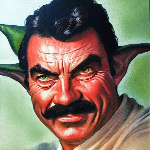 Image similar to ultra realistic portrait painting of tom selleck as yoda, art by frank frazetta, 4 k, ultra realistic, highly detailed, epic lighting