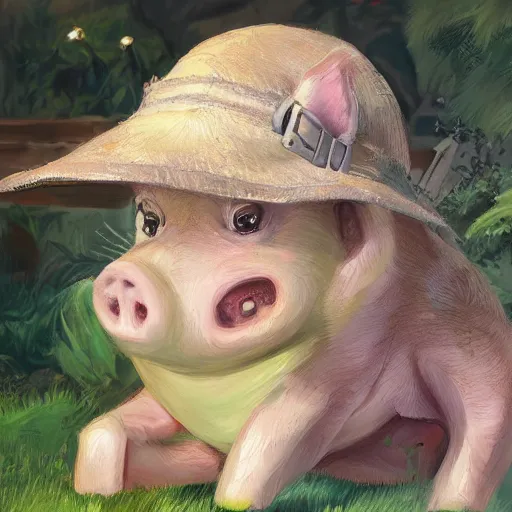 Image similar to semi realistic anime cute and adorable miniature piggy pig2 wearing a cute hat on garden during a summer day, highly detailed, digital painting, artstation, concept art, smooth, sharp focus, illustration, art by yee chong and sydney hanson and rossdraws and greg rutkowski