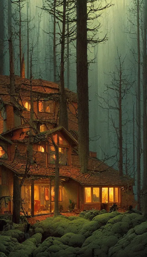 Image similar to cozy home in the woods moody lighting, highly detailed, painting by zdzisław beksinski and norman rockwell and greg rutkowskiweta studio, and lucasfilm