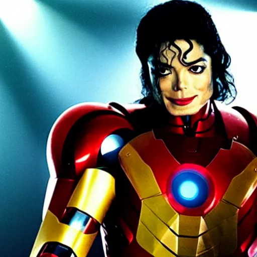 Image similar to “Michael Jackson as Iron Man, looking towards the camera, action, cinematic, dramatic lighting”