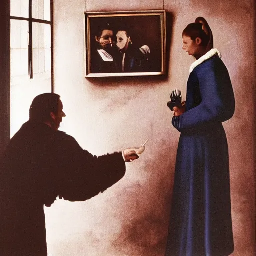 Prompt: Humphrey Bogart and Ingrid Bergman in Casablanca, painting by Vermeer