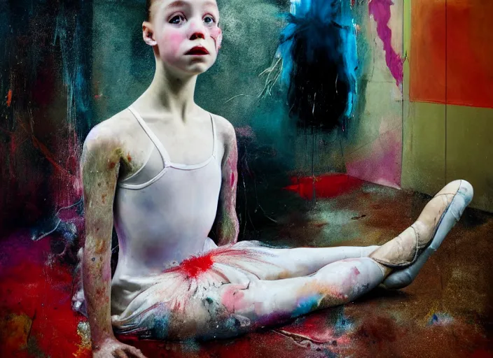 Image similar to portrait of nervous young girl ballerina sitting on the floor focusing in a dance hall by alberto seveso and hernan bas and francis bacon and pat steir and hilma af klint, psychological, photorealistic, symmetrical face, dripping paint, washy brush, matte painting, rendered in octane, altermodern, masterpiece