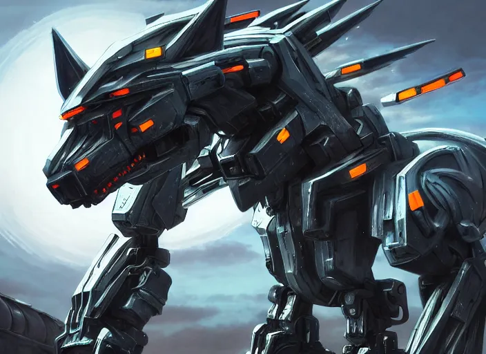 Image similar to hyper realistic, epic, highly detailed cinematic shot of a gigantic feral robot mecha canine, sharp dragon claws, detailed glowing head, metal ears, cannon mounted on back, sleek armor, glowing visor, destroying city, digital art, furry art, macro art, dragon art, furaffinity, deviantart, sofurry