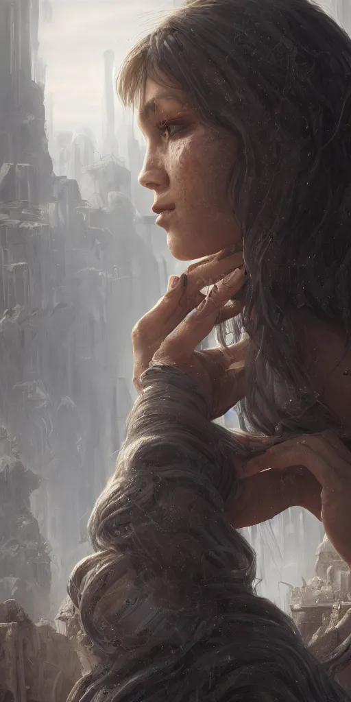 Prompt: A close-up portrait of a shy woman touching her hair on a ruins of a metropolis, highly detailed, artstation, unreal engine, 3D 4k, dynamic lighting, concept art, sci-fi, dramatic lighting