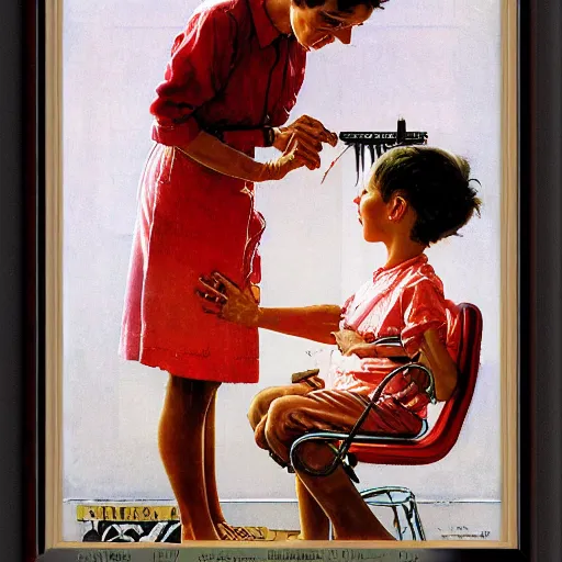 Prompt: A proud mother cutting her son's hair artwork by Norman Rockwell