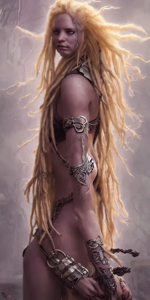 Image similar to fantasy changeling girl with blonde dreadlocks revealing her true nature, staring eyes, dim light, front game card, marvel comics, dark, intricate, highly detailed, smooth, smirking, artstation, digital illustration by ruan jia and mandy jurgens and artgerm and wayne barlowe and greg rutkowski and zdislav beksinski