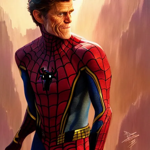 Image similar to handsome Willem Dafoe as Spider-Man, western, D&D, fantasy, intricate, elegant, highly detailed, digital painting, artstation, concept art, matte, sharp focus, illustration, art by Artgerm and Greg Rutkowski and Alphonse Mucha