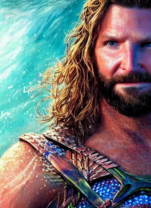 Prompt: portrait of bradley cooper as aquaman, digital art by eugene de blaas and ross tran, vibrant color scheme, highly detailed, in the style of romanticism, cinematic, artstation, greg rutkowski