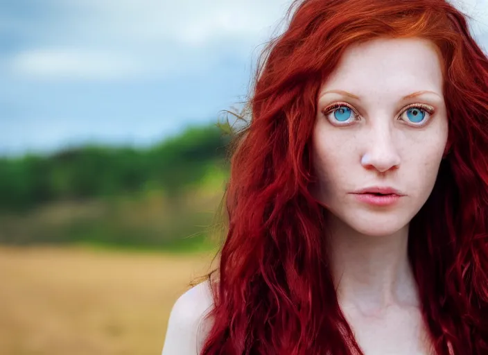 Image similar to close up portrait photograph of a thin young redhead woman with russian descent, sunbathed skin, with deep blue eyes. Wavy long maroon colored hair. she looks directly at the camera. Slightly open mouth, face takes up half of the photo. a park visible in the background. 55mm nikon. Intricate. Very detailed 8k texture. Sharp. Cinematic post-processing. Award winning portrait photography. Sharp eyes.