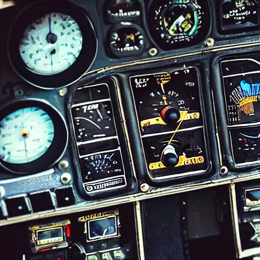 Prompt: “Macro photo of Cessna 172 instrument panel during flight on a sunny day”