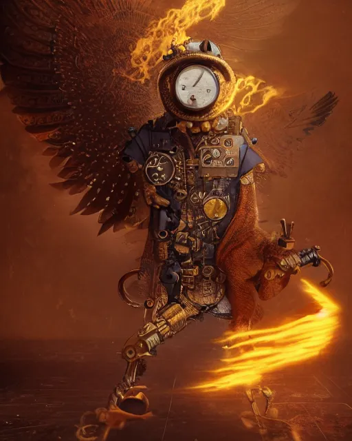 Prompt: oil painting of Anthropomorphized Steampunk Owl shooting steampunk gun, sharp focus, exploding golden steampunk city background, heroic pose, fantasy style, octane render, volumetric lighting, 8k high definition, by greg rutkowski, highly detailed, trending on art Station, magic the gathering artwork, centered, dramatic artwork