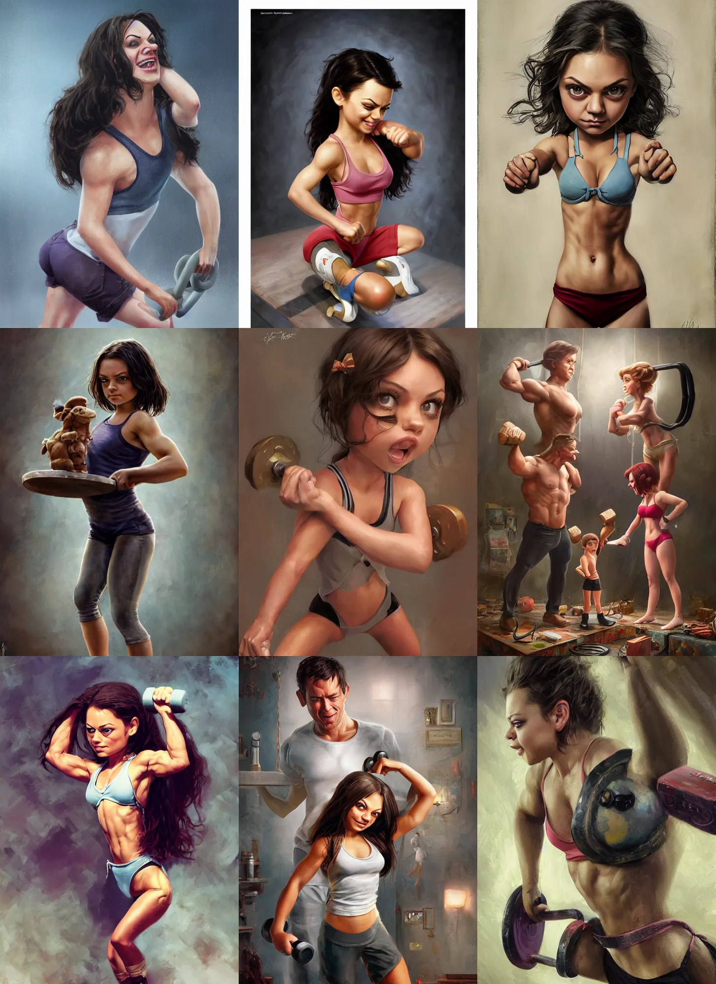 Prompt: wlop, steve argyle, ilya kuvshinov, little laughing bodybuilder mila kunis working out,, ralph horsley, rossdraw, mark ryden, daniel f. gerhartz, sophie anderson, lilia alvarado, tom chambers