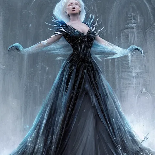 Image similar to kerli koiv as a ice queen full ball gown dress frozen eylashes, darkwave, darksynth, concept headshot art, sharp, digital matte painting, art by luis royo, greg rutkowski, wlop, dramatic lighting, trending on artstation