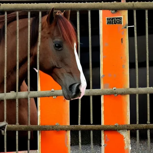 Image similar to horse with orange inmate clothes, in a jail