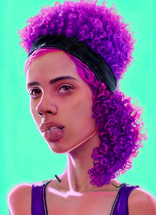 Image similar to portrait of teenage vanessa morgan with bright pink hair, black girl, curly pixie cut hair, wearing a purple breton cap, breton cap, hoop earrings, intricate, elegant, glowing lights, highly detailed, digital painting, artstation, concept art, smooth, sharp focus, illustration, art by wlop, mars ravelo and greg rutkowski