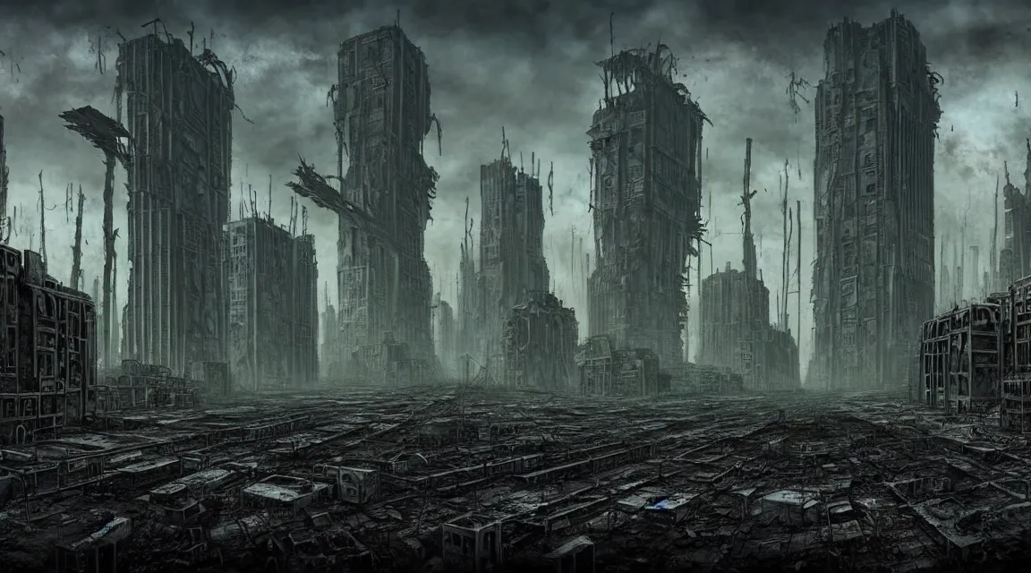 Image similar to post - apocalyptic dystopian building, avenue, in the style of vladimir manyukhin