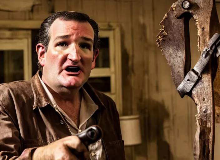 Prompt: ted cruz as leatherface, movie still, from the new texas chainsaw massacre movie, 8 k, realistic