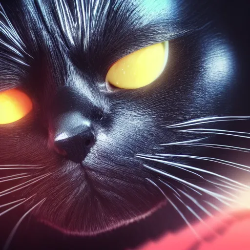 Image similar to 3 d rendered hyper realistic hyper detailed black cat wearing a cat - shaped darth vader helmet octane render, blender, 8 k