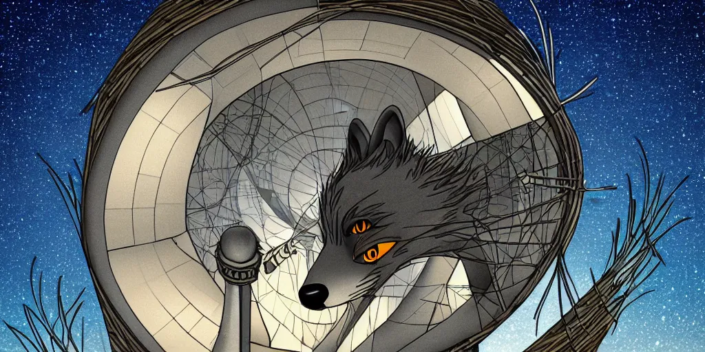 Image similar to anthropomorphic furry wolf inside a giant automaton tower that tracks the stars, illustration