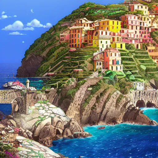 Image similar to pixar render, french bande dessinée, mediterranean landscape, quaint village, cinq terre, highly detailed, luminous, style by moebius, by studio ghibli, concept art, unreal engine