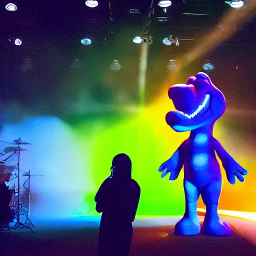 Image similar to Barney the Dinosaur leads a modern worship service, backlit, dramatic stage lighting, fog, neon cross