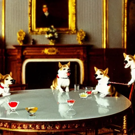 Image similar to historical photo of queen elizabeth having gin martinis with her corgis, the corgis are wearing sweaters, royal palace interior, natural sunlight, soft focus, highly detailed, depth of field