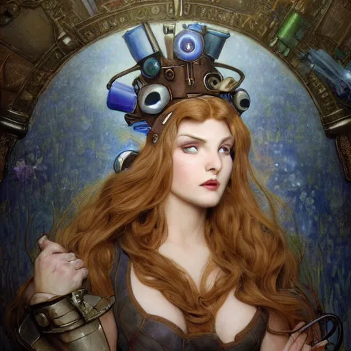 Image similar to Masterpiece head and shoulders portrait of Caitlyn from League of Legends of Arcane animated Series with blue long hair and cylinder hat with Steampunk armor drawn by Donato Giancola and Tom Bagshaw, Edmund Leighton, Alphonse Mucha, background by James Jean and Gustav Klimt, 4k, porcelain skin, volumetric lighting, komorebi, french nouveau, trending on artstation, octane render, hyperrealistic