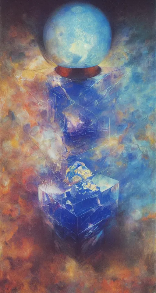 Image similar to a gigantic glowing crystal tesseract orb, high detailed beksinski painting, part by adrian ghenie and gerhard richter. masterpiece, deep colours, blue