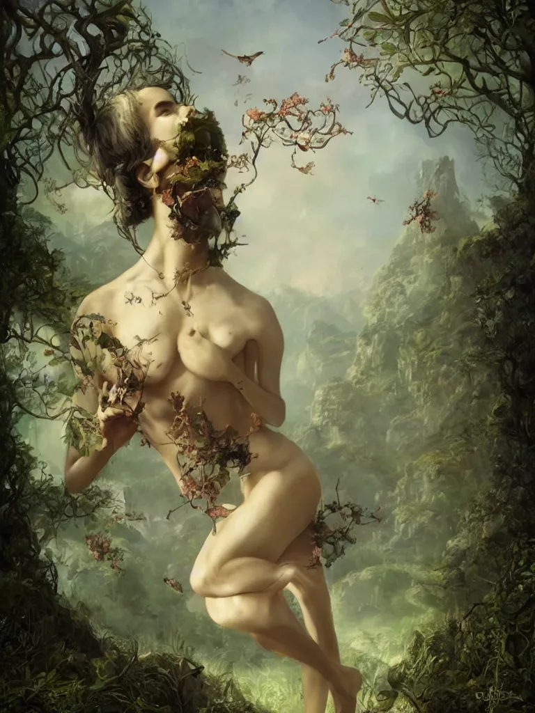 Image similar to a beautiful lush landscape of a the most beautiful satyr in a field are of broken stone words, hyperrealistic, award-winning, masterpiece, in the style of Tom Bagshaw, Cedric Peyravernay, Peter Mohrbacher