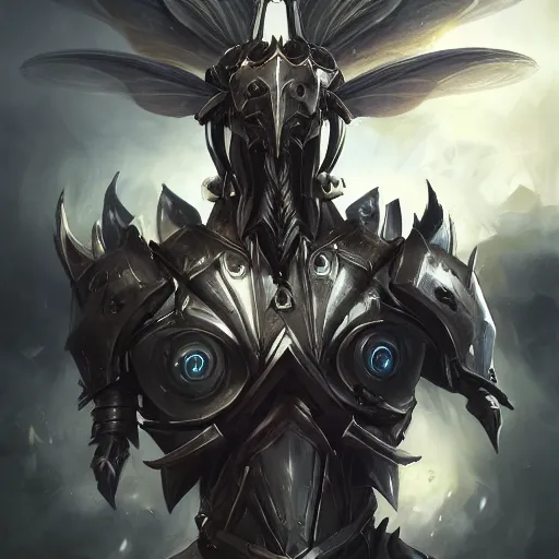 Image similar to portrait of humanoid mosquito resembling a knight in black armor with two dragonfly wings, league of legends splash art, hearthstone splash art, full body shot, rule of thirds, ultrafine hyperrealistic detailed face, artgerm, greg rutkowski, trending on artstation, 8 k, intricately detailed, highly detailed