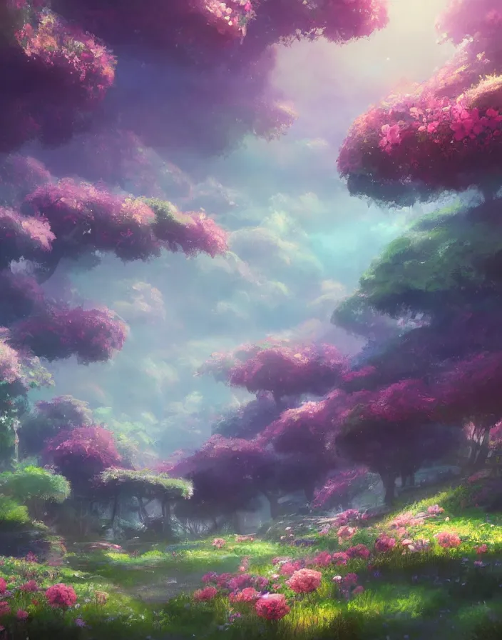 Image similar to beautiful flower valley, concept art, daytime ethereal anime, high detail Impressionist style, dreamy light color palette, style of studio ghibli, concept art stunning atmosphere, trending on artstation, volumetric light