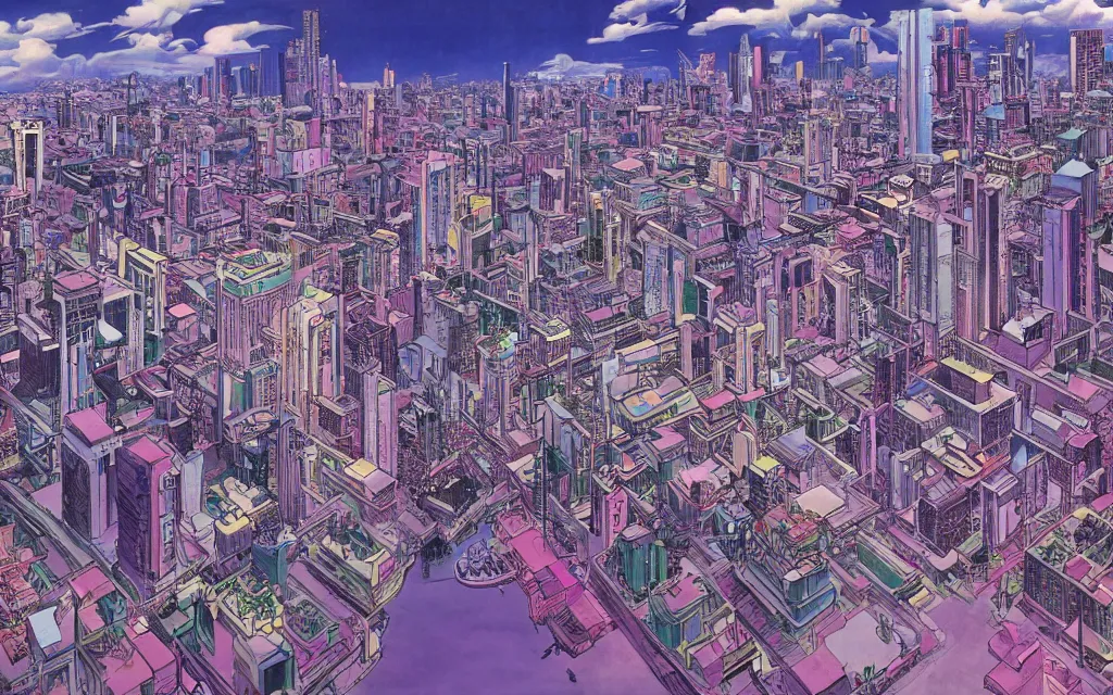 Prompt: DMT city, concept art by hirohiko araki and moebius