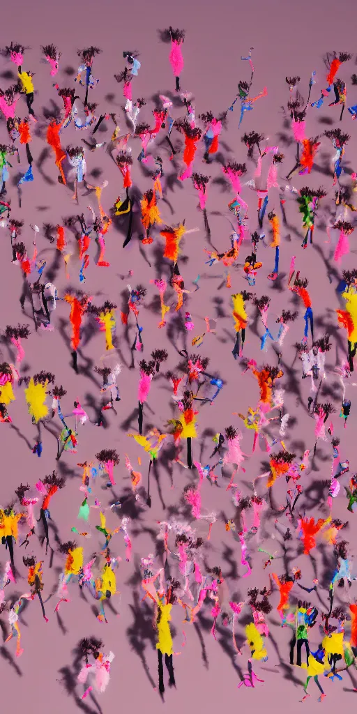 Image similar to group of giant sakura-colored people dancing made out of fluffy pipecleaners in the style of Jean-Michel Basquiat, 3D cinematic lighting, spotlight at a 90 DEGREE ANGLE, photorealism, octane render, depth of field, 8k, 35mm, artgem, Trending on artstation