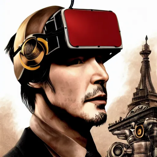 Image similar to Illustrated by Shepard Fairey and H.R. Geiger | Steampunk Keanu Reeves with VR helmet, surrounded by cables