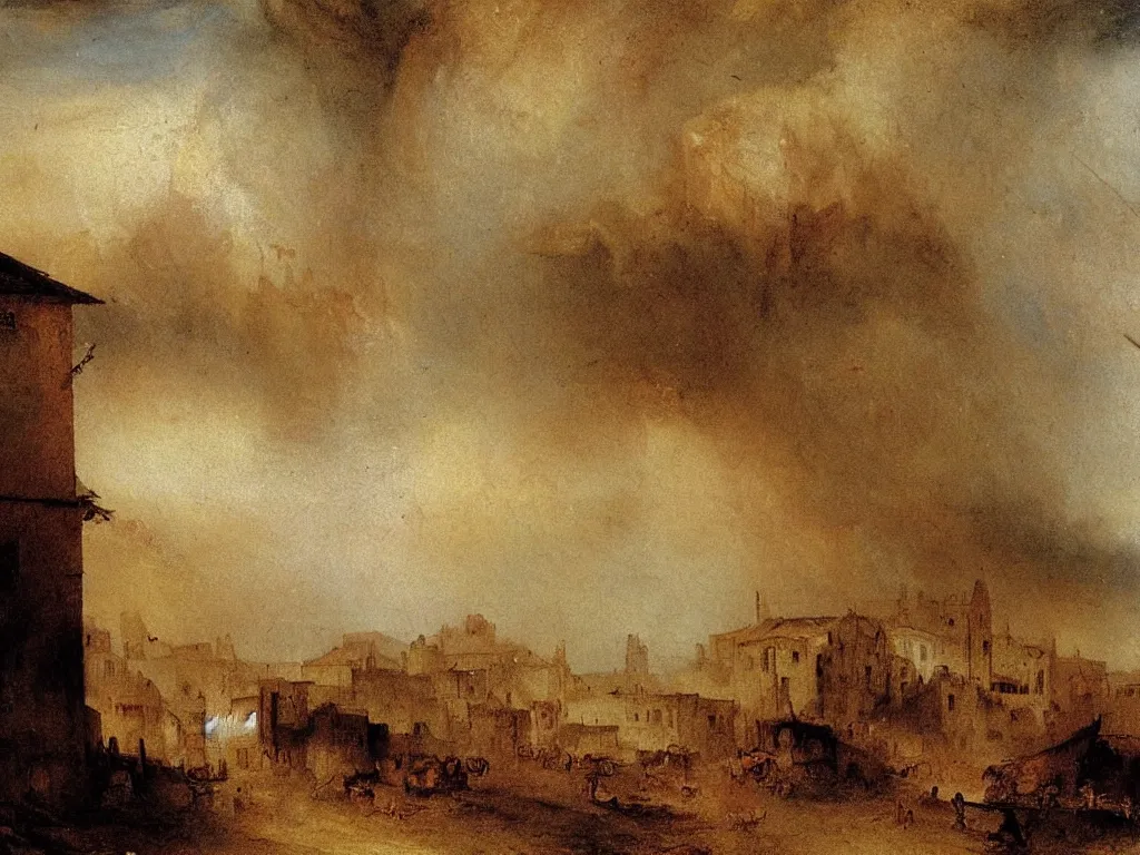 Image similar to sandstorm in the old village. Painting by Turner, Bosch