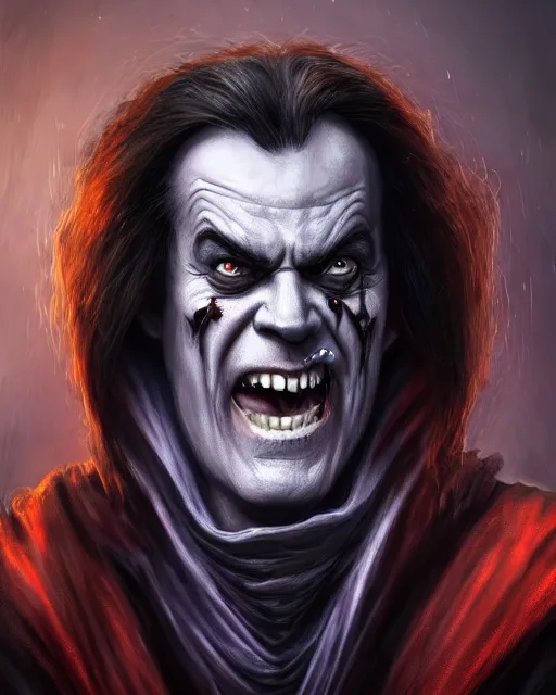 Prompt: ( ( 0 jack nicholson ) ) as an evil vampire ghost necromancer, minion, highly detailed, d & d, fantasy, highly detailed, digital painting, trending on artstation, concept art, sharp focus, illustration, global illumination, shaded, art by artgerm and greg rutkowski and fuji choko and viktoria gavrilenko and hoang lap