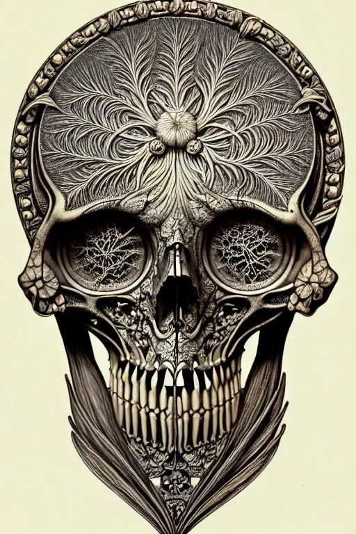 Image similar to art forms of nature by ernst haeckel, memento mori by arthur rackham, ornate antique porcelain beautiful skull mask, ultrasharp, photorealistic, hyperdetailed, octane render, polished, art nouveau, neo - gothic, gothic, intricate ornamental organic filigree, art nouveau botanicals, art forms of nature by ernst haeckel, horizontal symmetry, symbolist, visionary