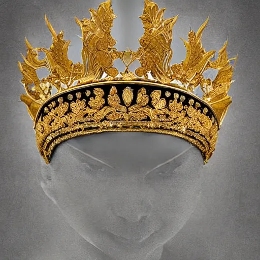 Image similar to a wide full shot, russian and japanese mix 1 9 0 0 s historical fantasy of a photograph taken of a royal gold leaf tiara with intertwined white feathers, photographic portrait, warm lighting, from an official photographer from the royal museum. displayed in a museum.