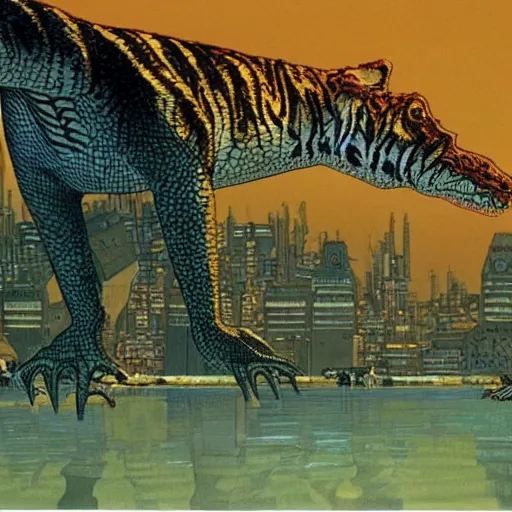 Image similar to a hybrid animal half crocodile and half tiger, futuristic city scape, rule of thirds, painting by moebius