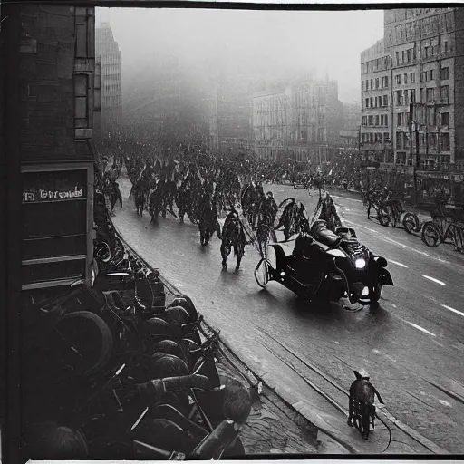 Image similar to old black and white photo, 1 9 1 3, depicting batcycle from dark knight rampaging through the bustling streets of new york city, rule of thirds, three - point perspective, historical record