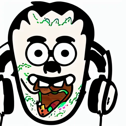 Image similar to a pickle-rick, svg sticker, vector art, wearing headphones, jamming to music