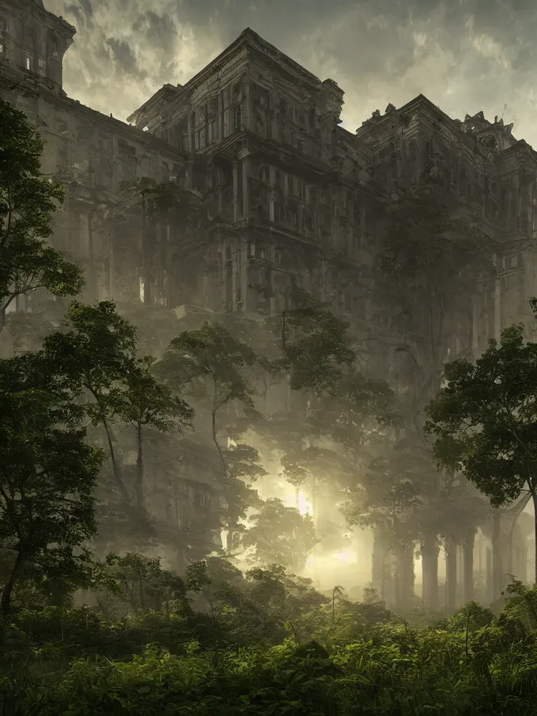 Image similar to a high magnificent abandoned building, surrounded by lush green vegetation, stunning volumetric lighting, sunset, solid concrete, stunning skies, trending on Artstation, 8k, photorealistic, hyper detailed, unreal engine 5, IMAX quality, cinematic, epic lighting, in the style of DOOM and Quake and Le Corbusier and Greg Rutkowski