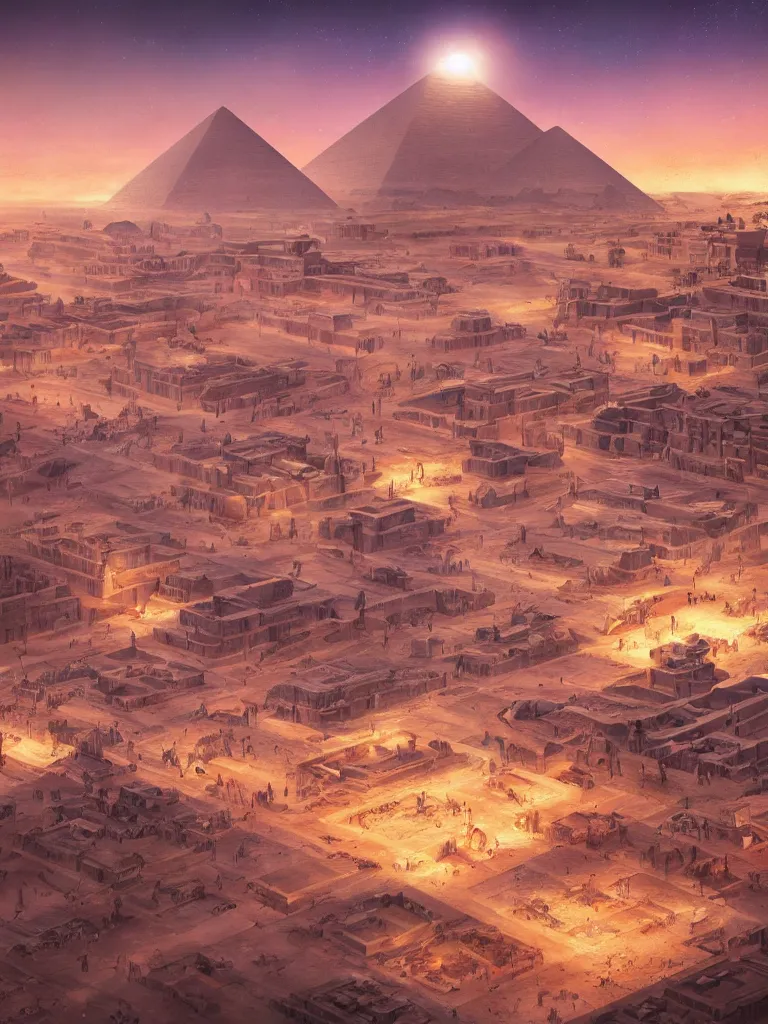 Prompt: ancient egyptian city showing futuristic alien pyramids, cinematic night lights, trending on artstation, 50mm, by Noah Bradley