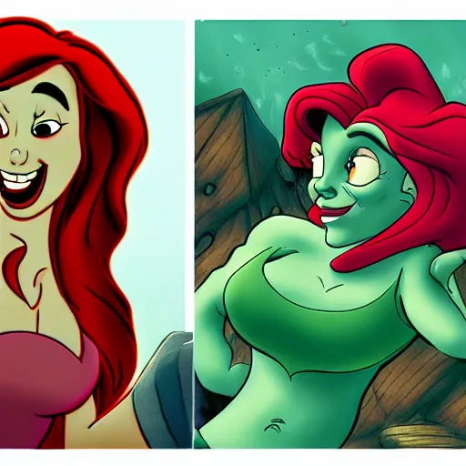 Prompt: Ariel from the little mermaid as a zombie, rotting, eating prince Eric, Disney cartoon, gritty, trending on artstation,