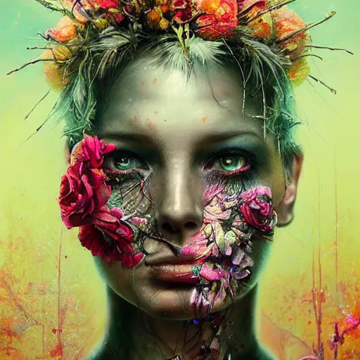 Prompt: art portrait of an android with flowers exploding out of head, decaying ,8k,by tristan eaton,Stanley Artgermm,Tom Bagshaw,Greg Rutkowski,Carne Griffiths, Ayami Kojima, Beksinski, Giger,trending on DeviantArt,face enhance,hyper detailed,cityscape background,cybernetic, android, blade runner,full of colour,