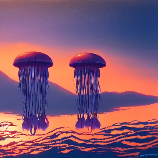 Prompt: a beautiful painting of a group of jellyfish fly in sunset by Angus Mckie, Trending on artstation