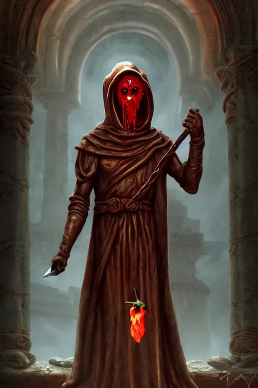 Image similar to an ancient statue of a hooded cultist is holding a bloody knife in one hand and a tomato on the other, standing in a forgotten temple to an eldritch god, by patrick mcenvoy and michael komarck and fantasy flight, incredible quality, trending on artstation