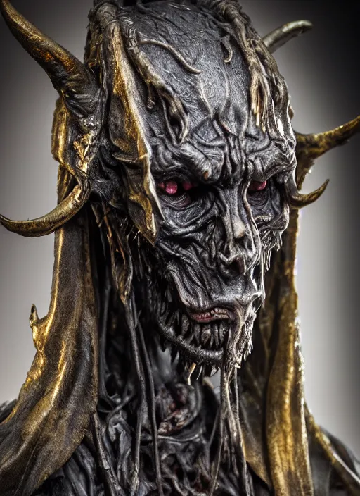 Image similar to photo taken of an epic intricate, ultra detailed, super realistic sculpture of a nightmarish hellish demonic hooded grim reaper sculpture on display in a workshop, created by weta workshop, full body shots, photorealistic, sharp focus, f 0. 4, face centred, macro photography, golden ratio, golden hour