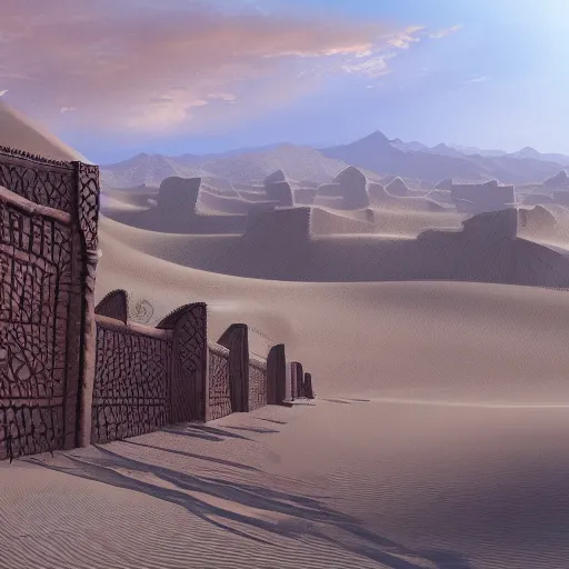 Image similar to detailed and highly intricate art of standstone walls protecting a large desert kingdom, 8 k concept art illustration